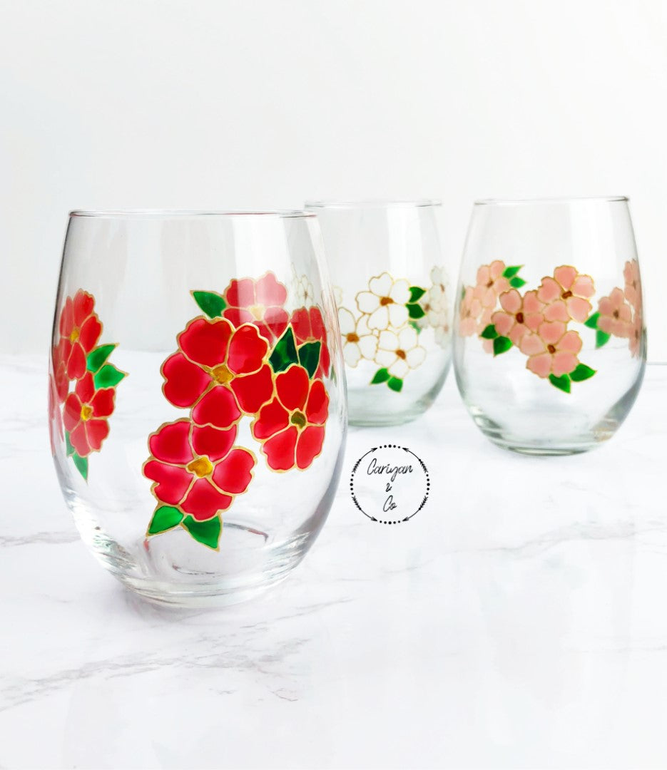 Floral Flower Wine Glasses, Chic Spring Summer Stemless Wine Glass