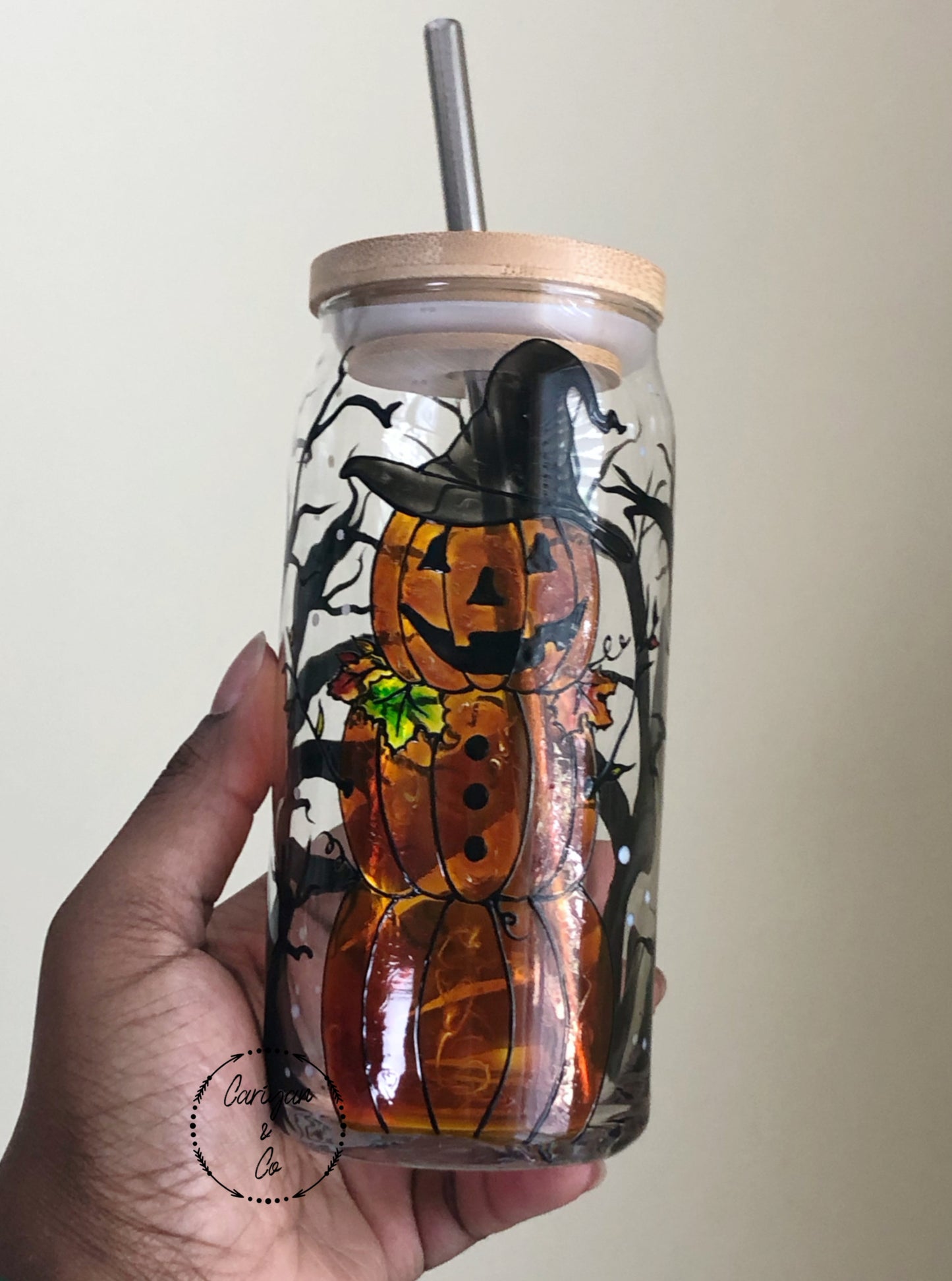 Hand Painted Pumpkin Man Iced Coffee Glass Cup
