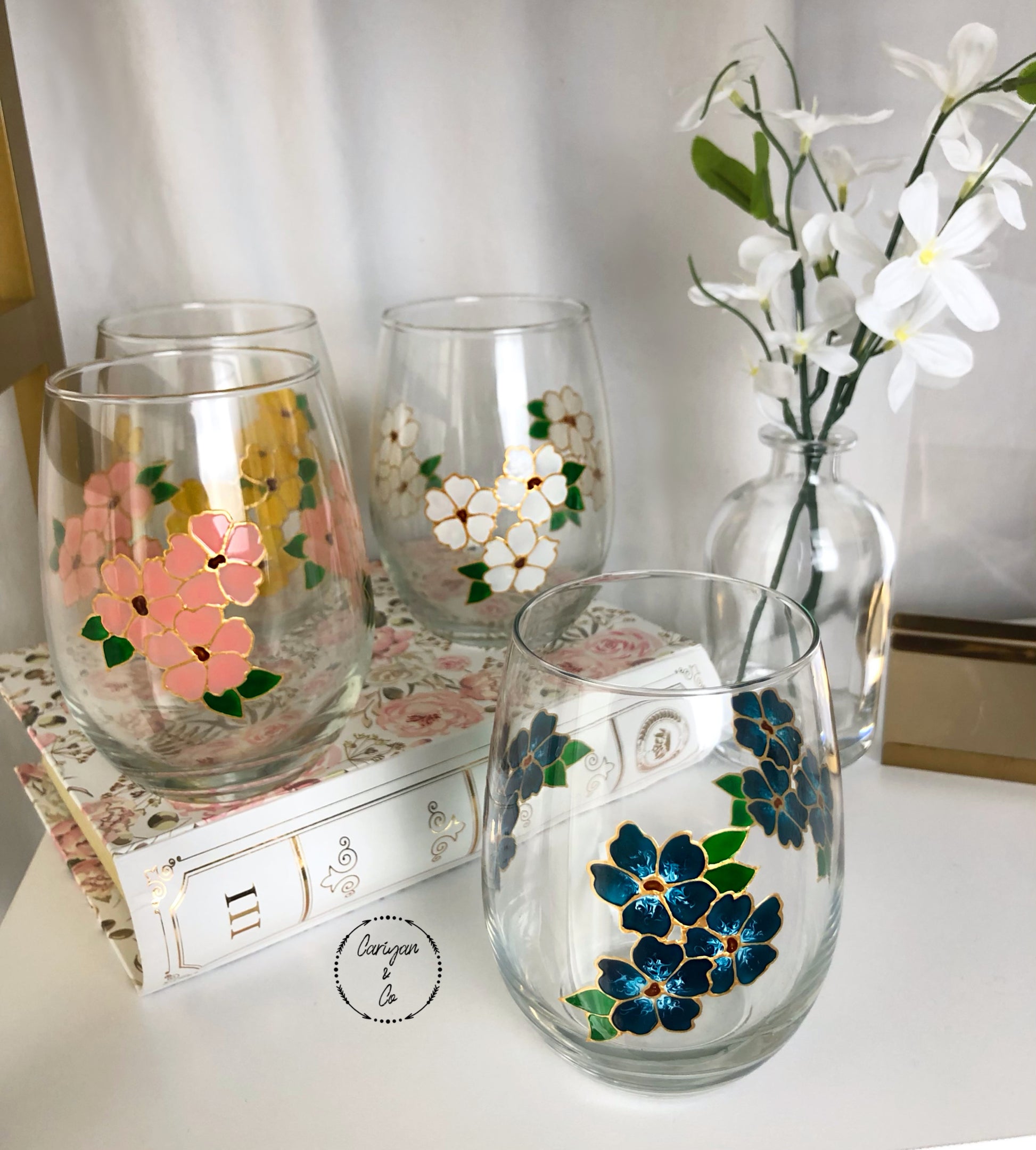 Set 4 Shabby Chic Floral Flower Spring Indoor Outdoor Acrylic Wine Stem  Glasses