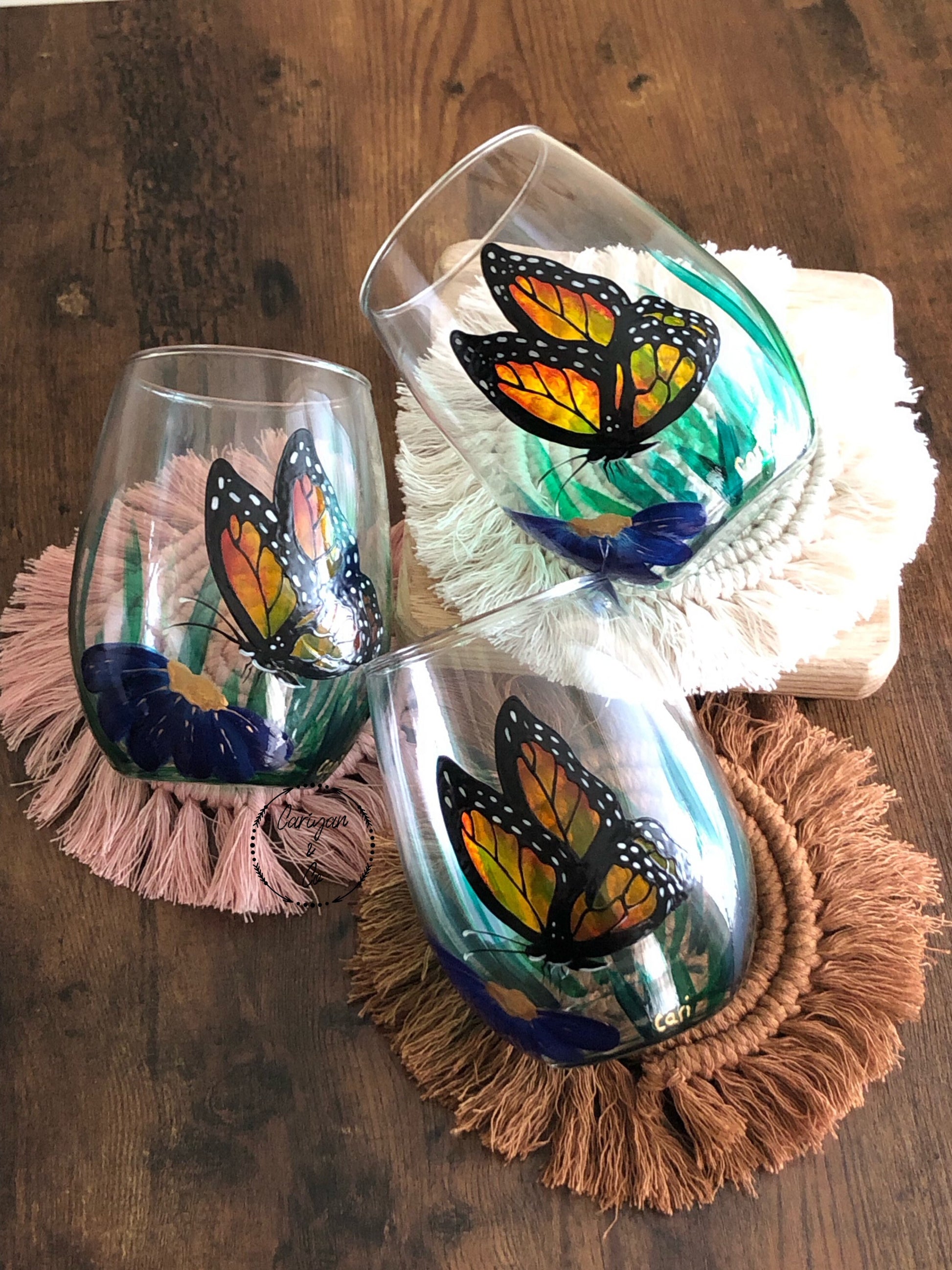 Butterfly Monarch Wine Glasses  Set of 4 Flower Wine Stemless