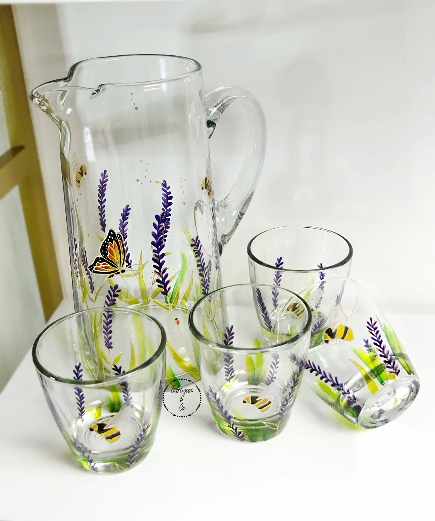 Lavender Bee Glass Pitcher Set