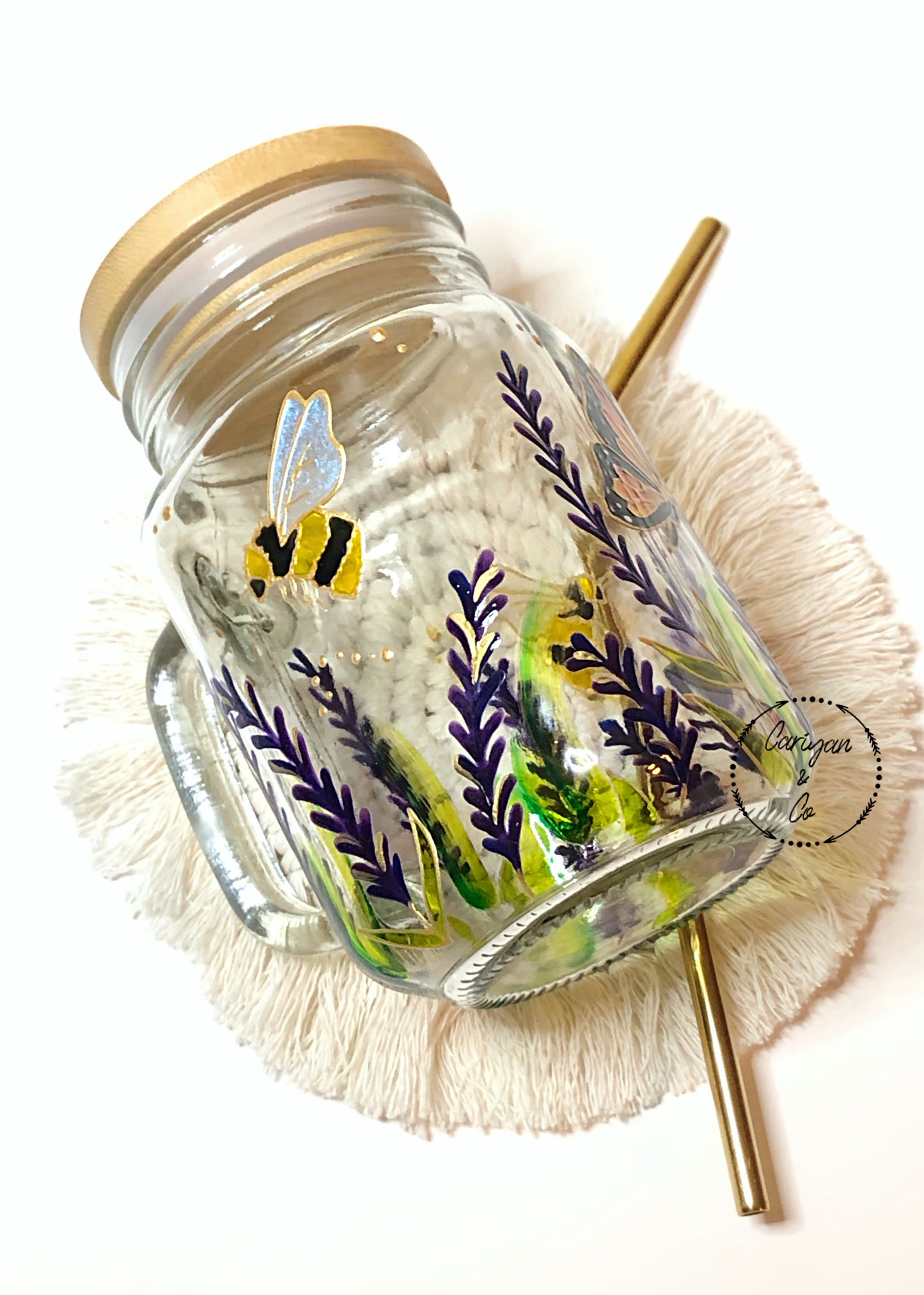 Lavender Bee Butterfly Glass Coffee Mug