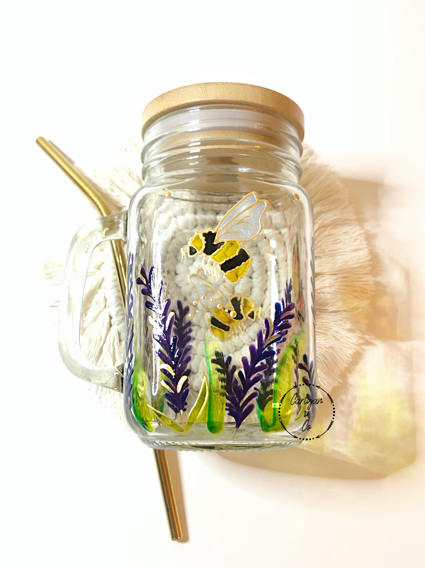 Lavender Bee Butterfly Glass Coffee Mug
