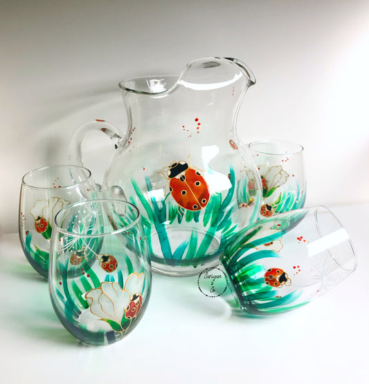 Ladybug Glassware, Ladybug Wine Glass, Ladybug Pitcher