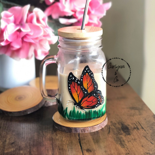 Monarch Butterfly Glass Coffee Mug, Butterfly Mason Jar Cup