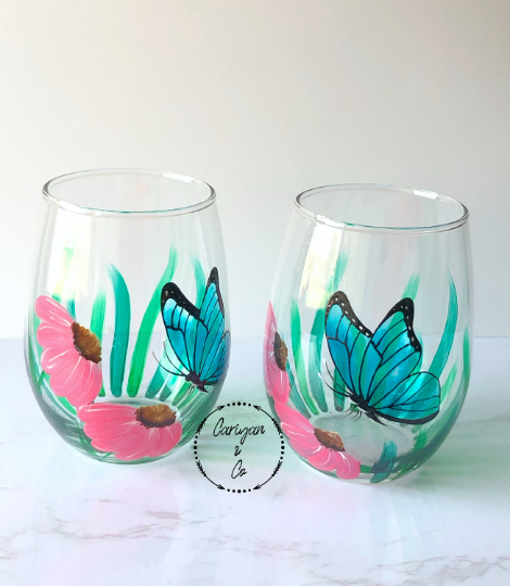 Hand Painted Glass Cup, Blue Morpho Butterfly Wine Glass