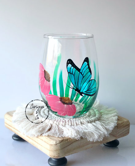 Hand Painted Glass Cup, Blue Morpho Butterfly Wine Glass