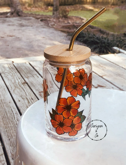 Iced Coffee Cup, Flowers Glass Cup, Travel Mug Cup, Hand Painted Glasses, Personal Mug Cup, Simplistic Coffee Mug