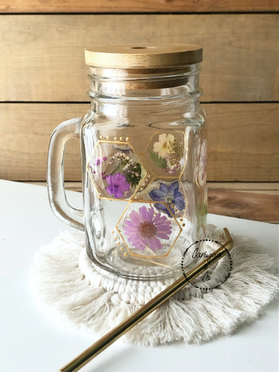 Pressed Flower Coffee Cup, Iced Coffee Glass Mug,