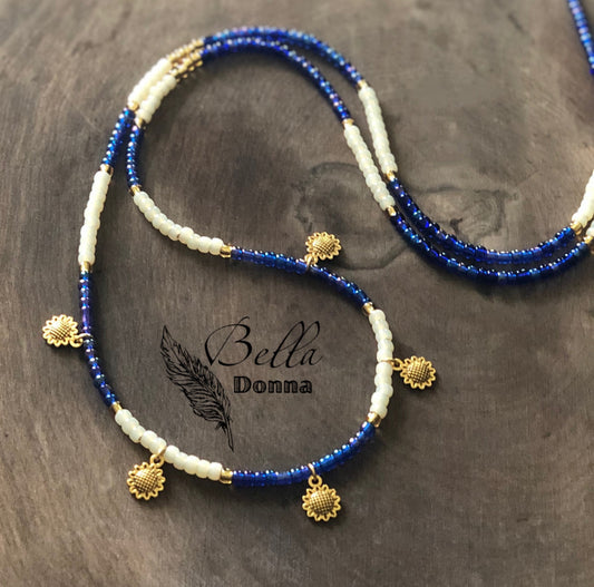 Blue Ivory Waist Beads with Sunflower Charm