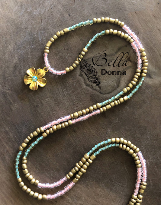 Pink Green Waist Beads With Flower Charm