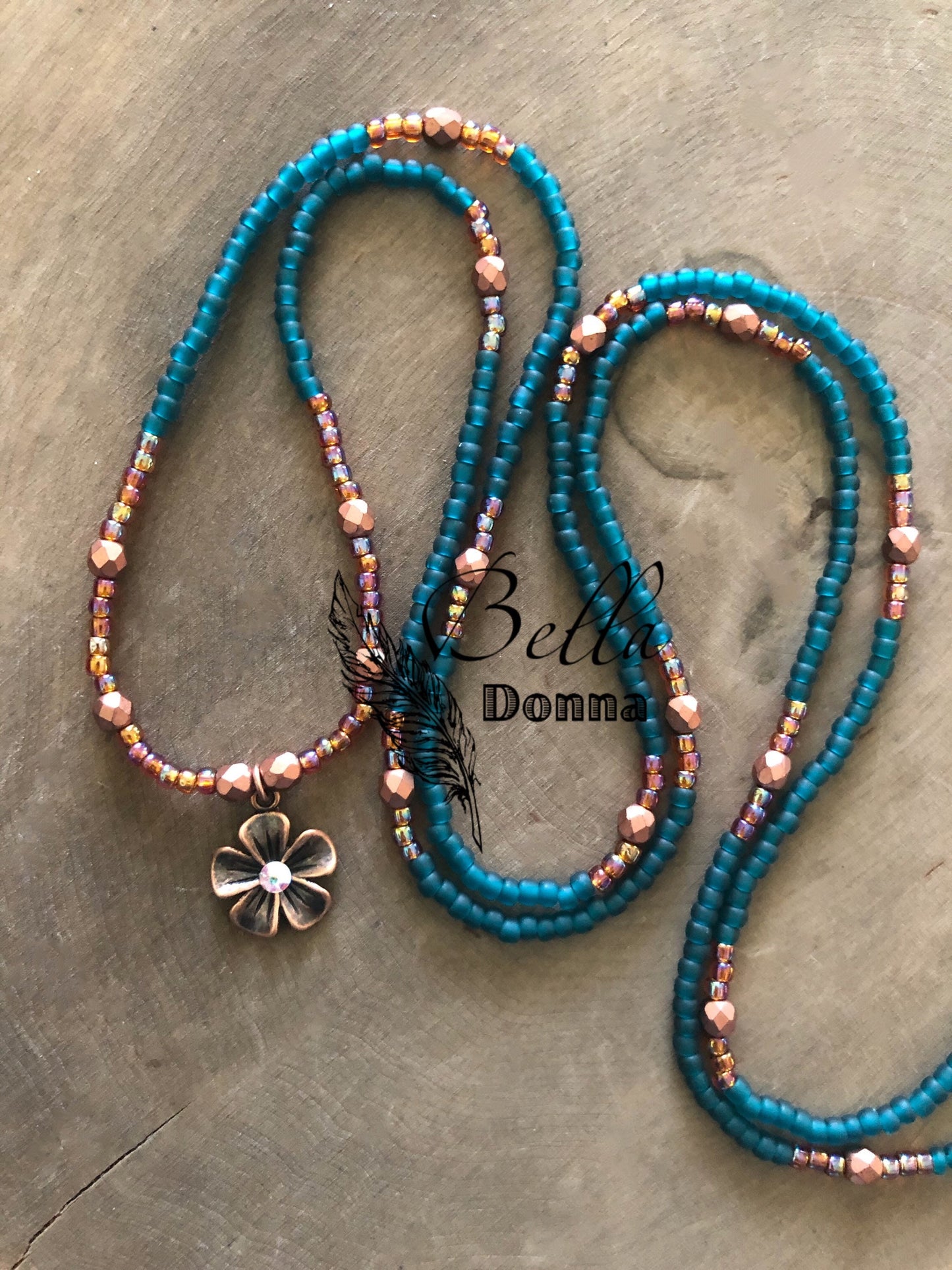 Flower Charm Teal Matte Copper Waist | Necklace Beads with clasp | Stretchy Beads | Belly Beads | Seed Bead Necklace