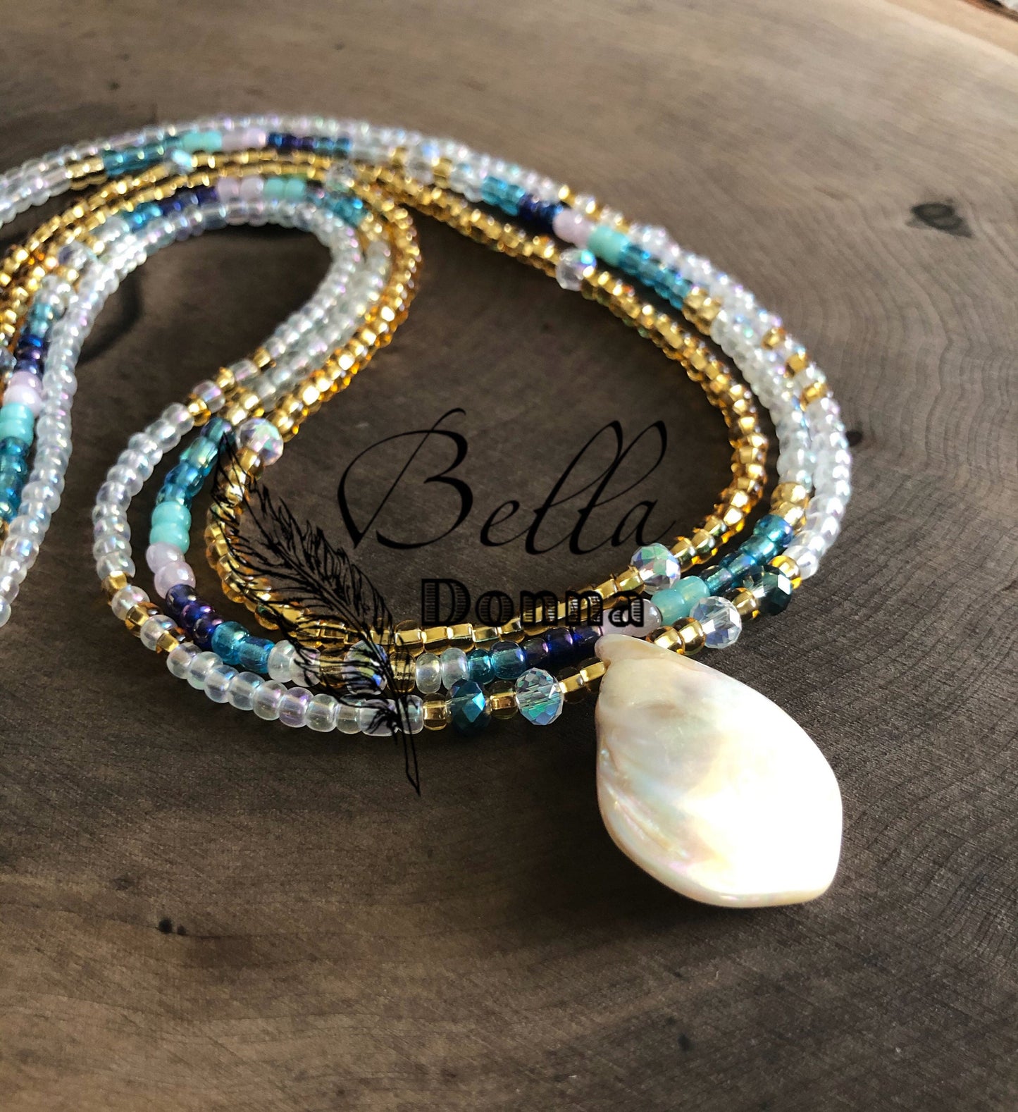 Set of 3 Waist Beads | Seashell Waist Beads with Clasp and charm | Stretchy Beads | Belly Beads | Aqua Pink Waist Beads