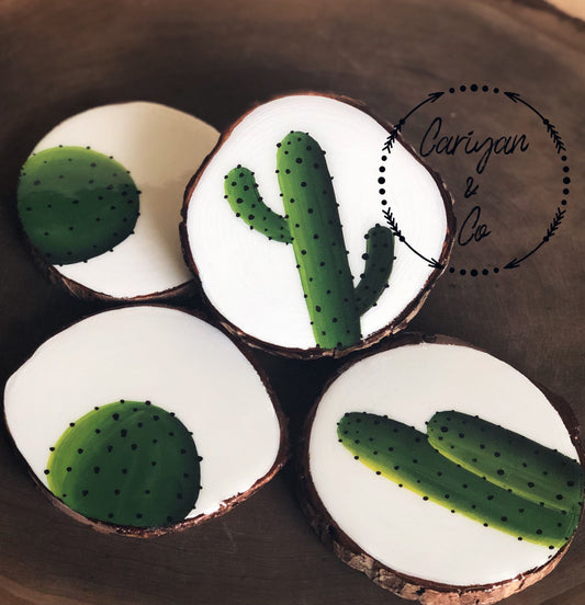 Coaster Set, Set of 4 Coasters, Cactus Natural Wood Coasters, Hand Painted Coasters, Simplistic Chic Coasters