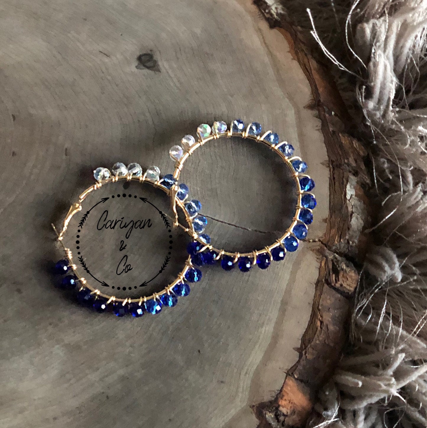 Blue Crystal Hoop Earrings | Wire Wrapped | Modern Earrings | Hoops | Gold Drop Earrings