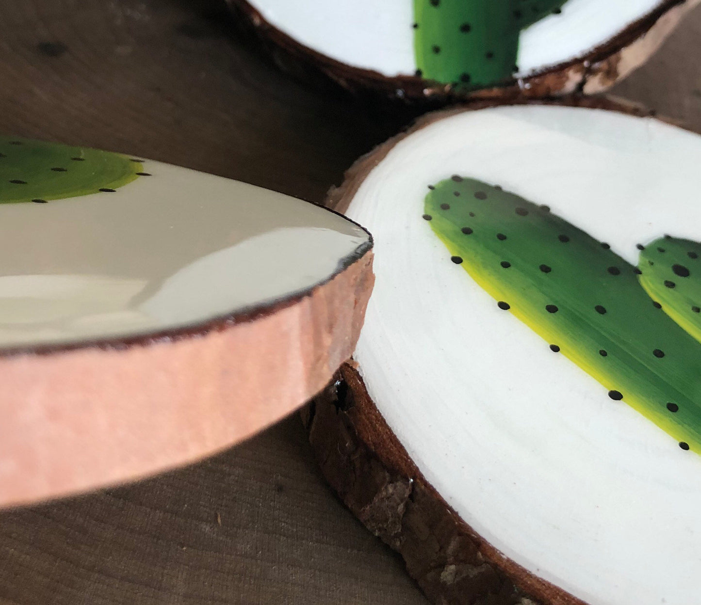 Coaster Set, Set of 4 Coasters, Cactus Natural Wood Coasters, Hand Painted Coasters, Simplistic Chic Coasters