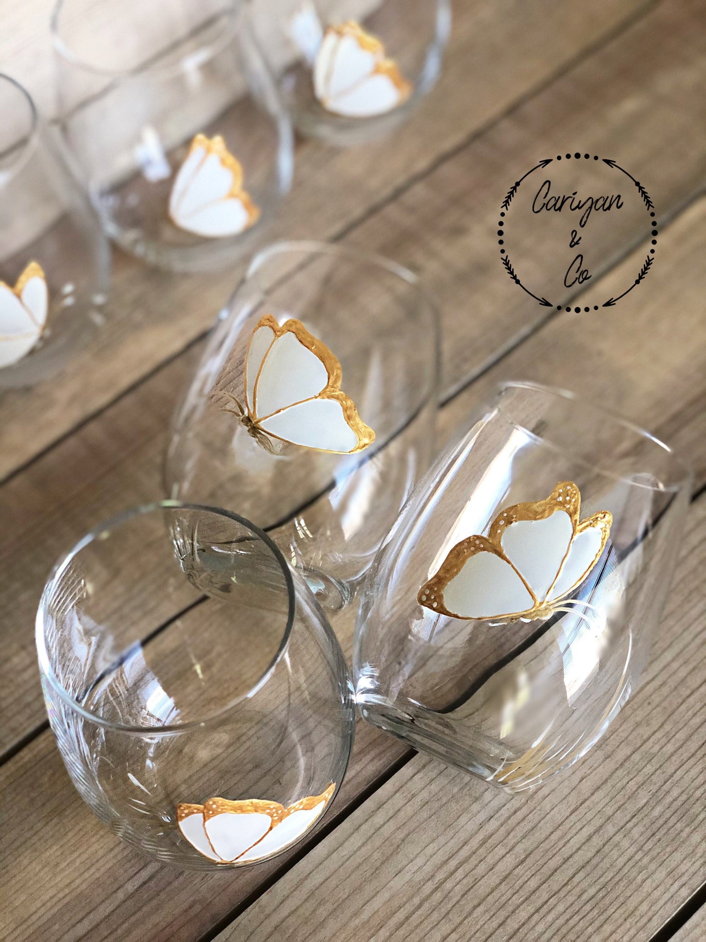 Set of 4 | Butterfly Stemless Wine Glasses | Housewarming Gift | White Gold Wine Glasses | Spring Wine Glasses | Gift for Mom | Gift for Her