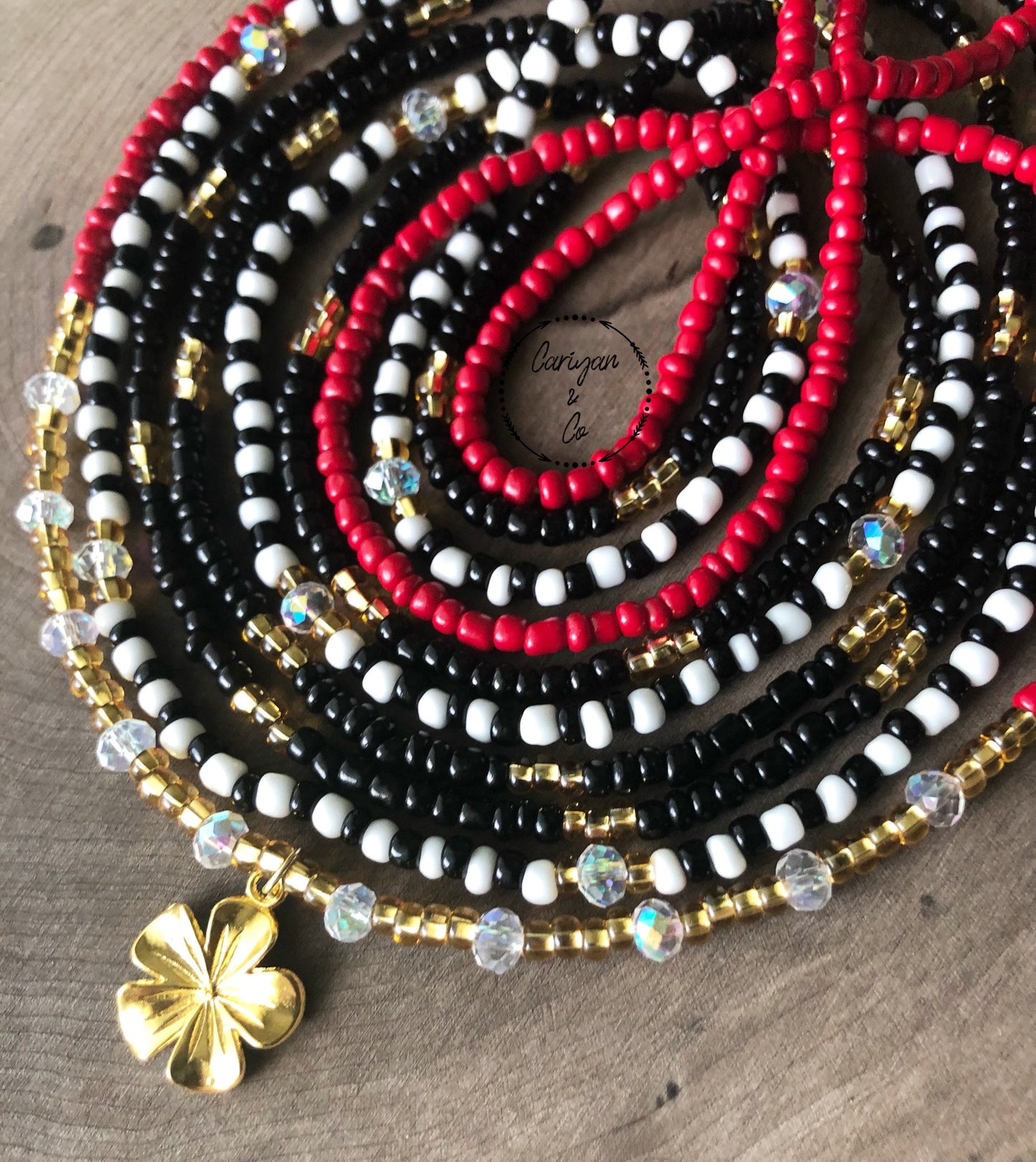 Red Black White Gold Waist Beads Set of Three Necklace Wrap Bracelet