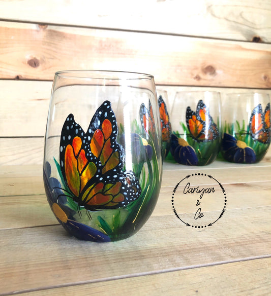 Butterfly Monarch Wine Glasses | Set of 4 Flower Wine Stemless Glasses | Housewarming Gift | Summer Spring Wine Glasses