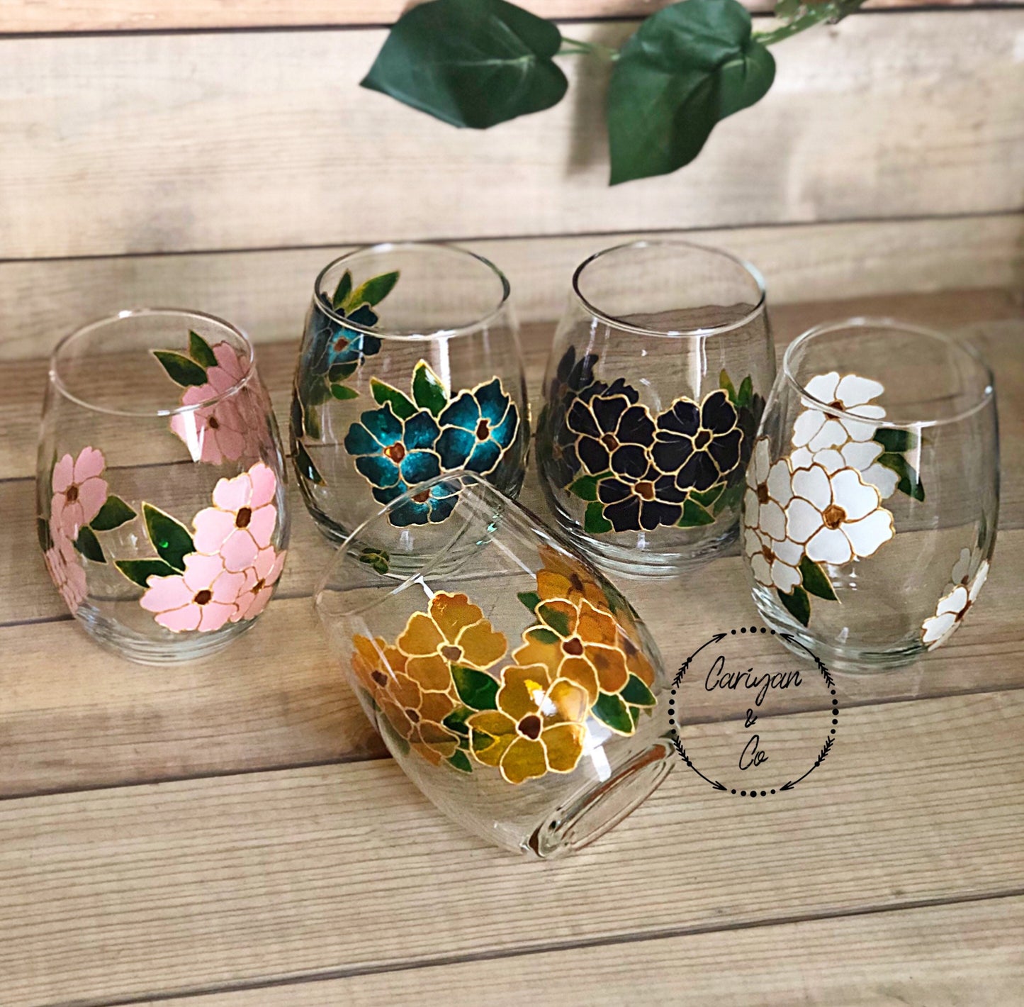 Floral Wine Glasses, Floral Stemless Wine Glasses