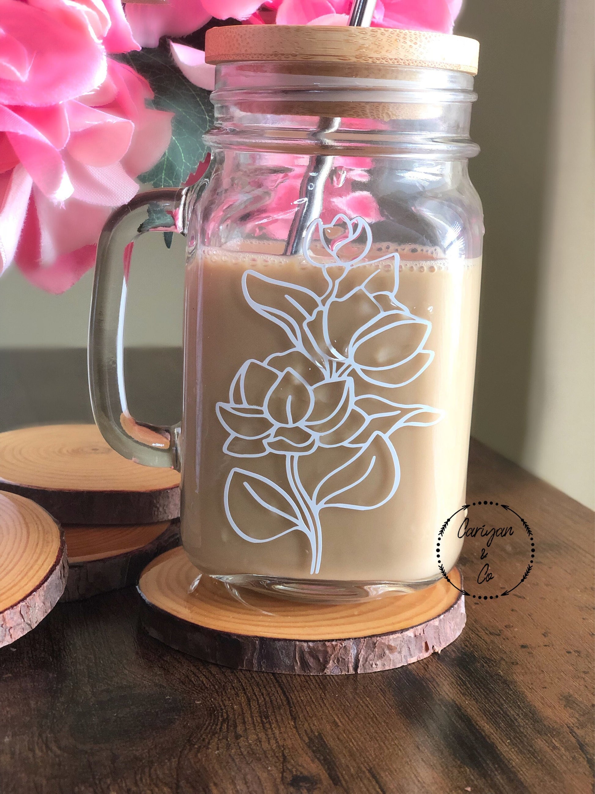 Iced Coffee Glass Mug, Floral Coffee Mug, Pink Coffee Cup