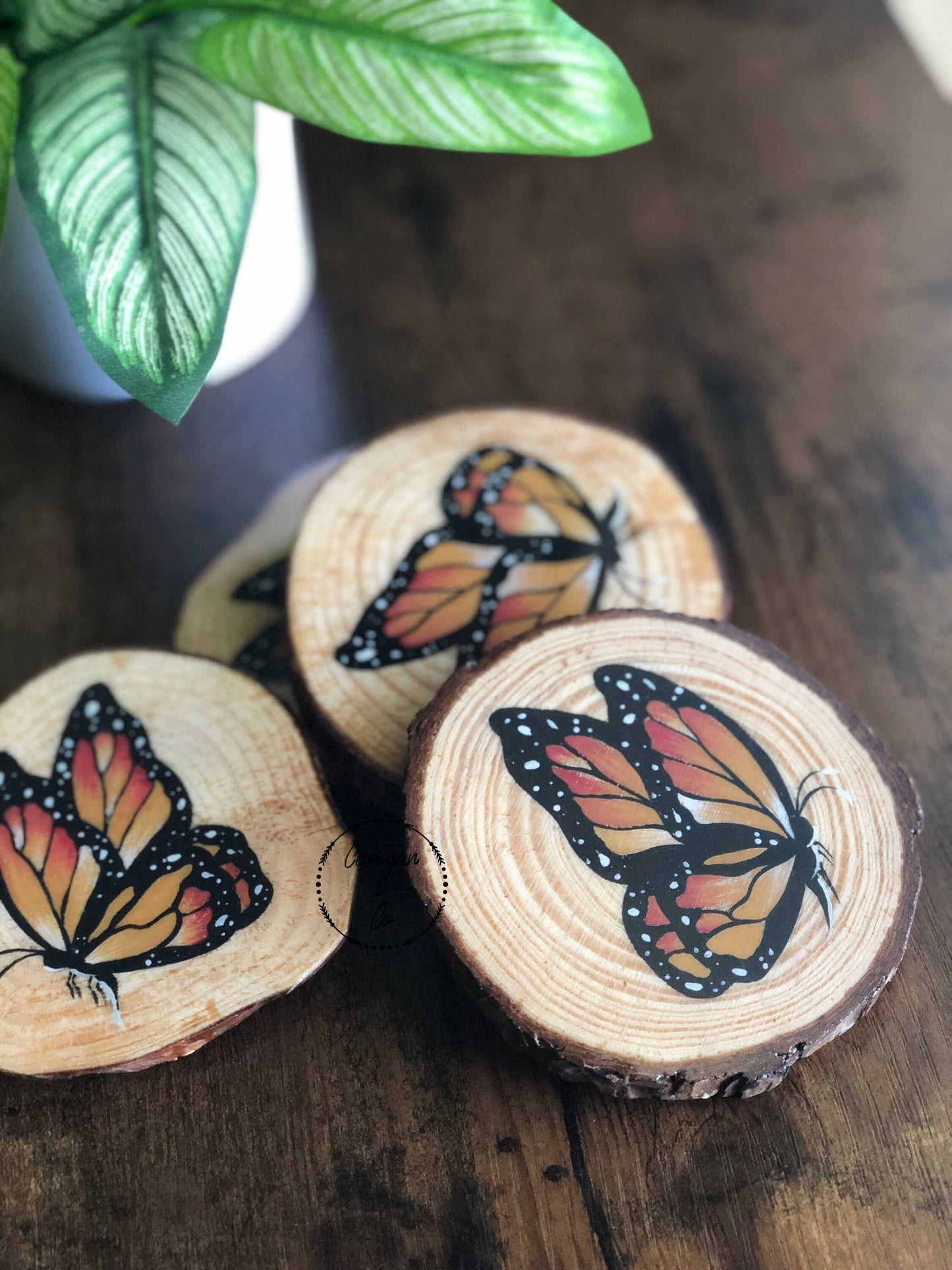 Monarch Butterfly Coasters, Hand Painted Wood Coaster