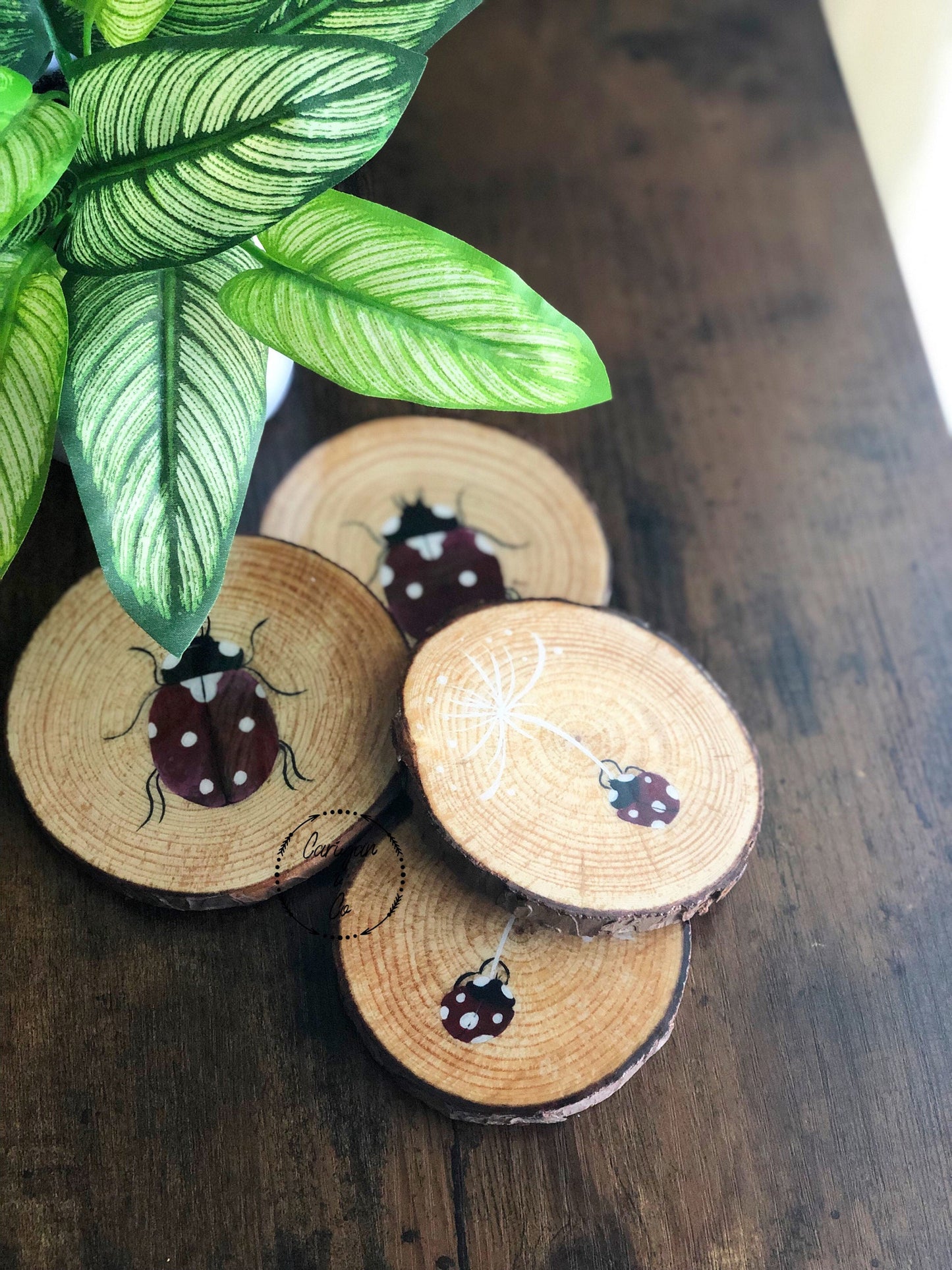 Ladybug Wood Coasters, Set of 4 Coasters, Hand Painted Coasters