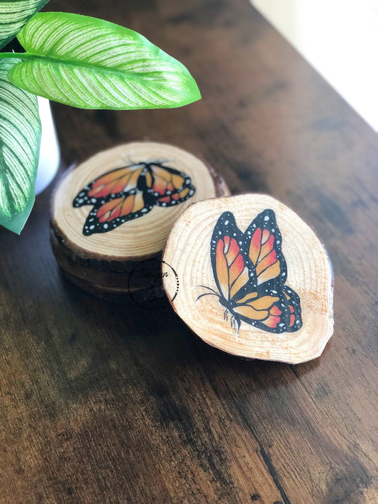 Monarch Butterfly Coasters, Hand Painted Wood Coaster