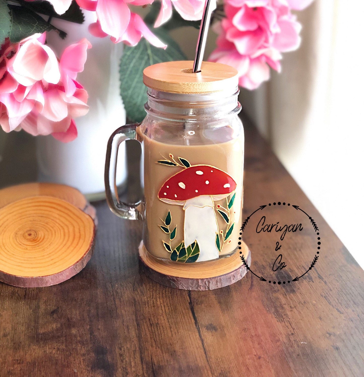 Iced CoffeeCup, Amanita Muscaria Mushroom Glass Forest Coffee Mug, Glass Cup, Travel Mug Cup, Hand Painted Glasses