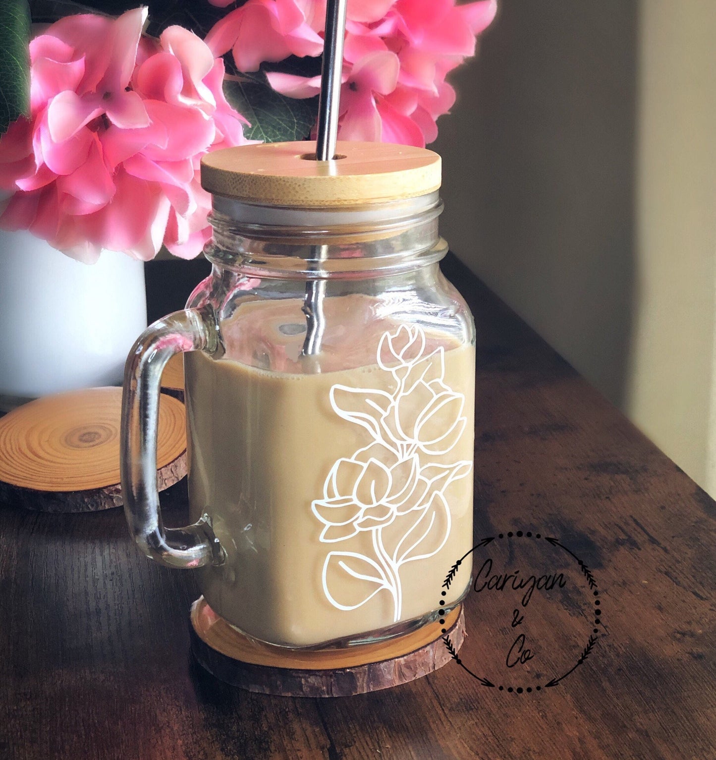 Iced Coffee Cup, Floral Flower Glass Coffee Mug, Minimalist Coffee Mug, Travel Coffee Mug Cup