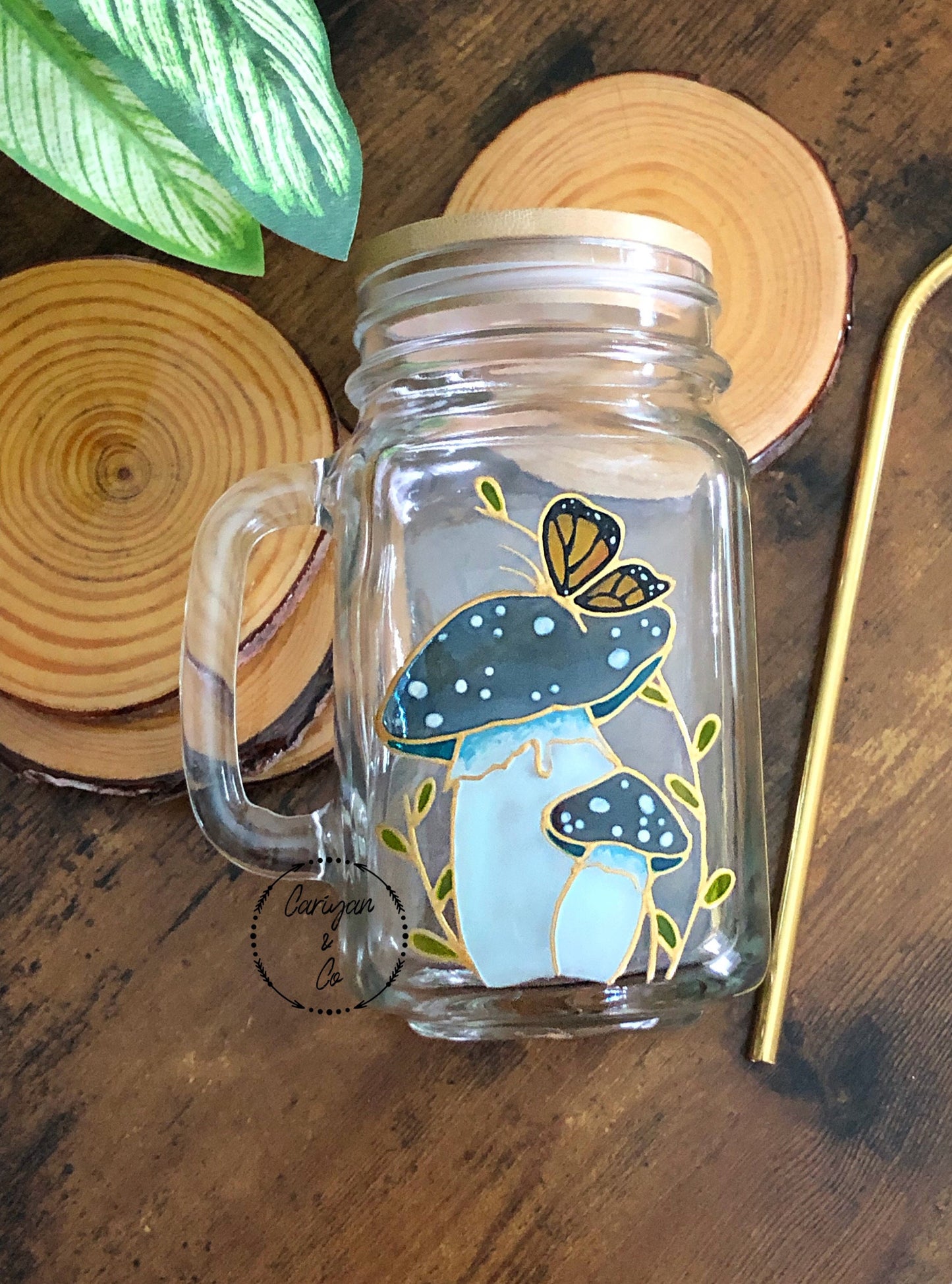 Iced Coffee Glass Mug Cup, Blue Amanita Mushroom Coffee Cup, Travel To Go Coffee Mug