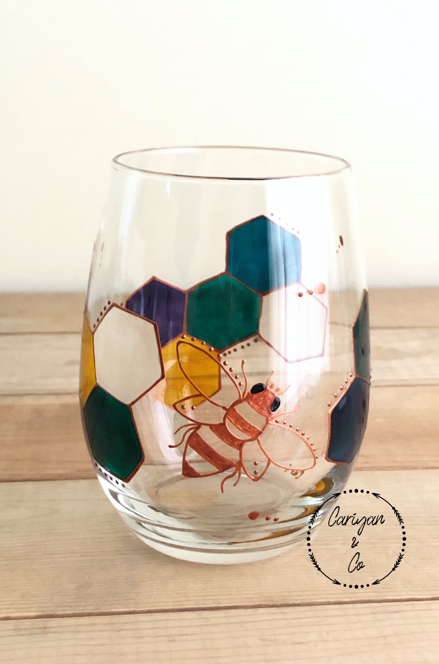 Beekeeper Honeycomb Stemless Wine Glasses, Honeycomb Wine Glass, Hand Painted Wine Glass