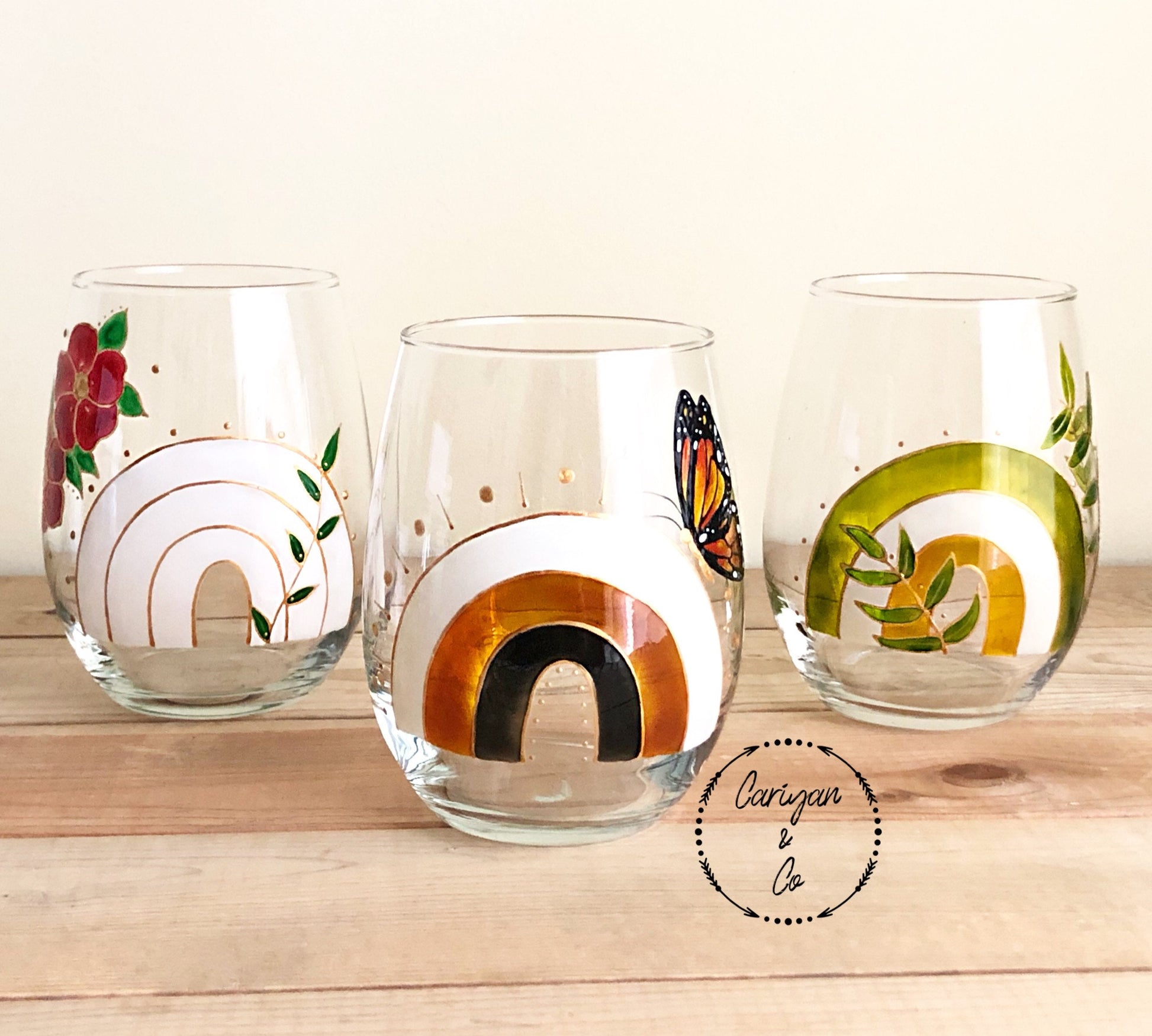 Vintage Boho Tri Colored Bubble Stem Wine Glasses Set of 4 Krosno Poland  Barware 