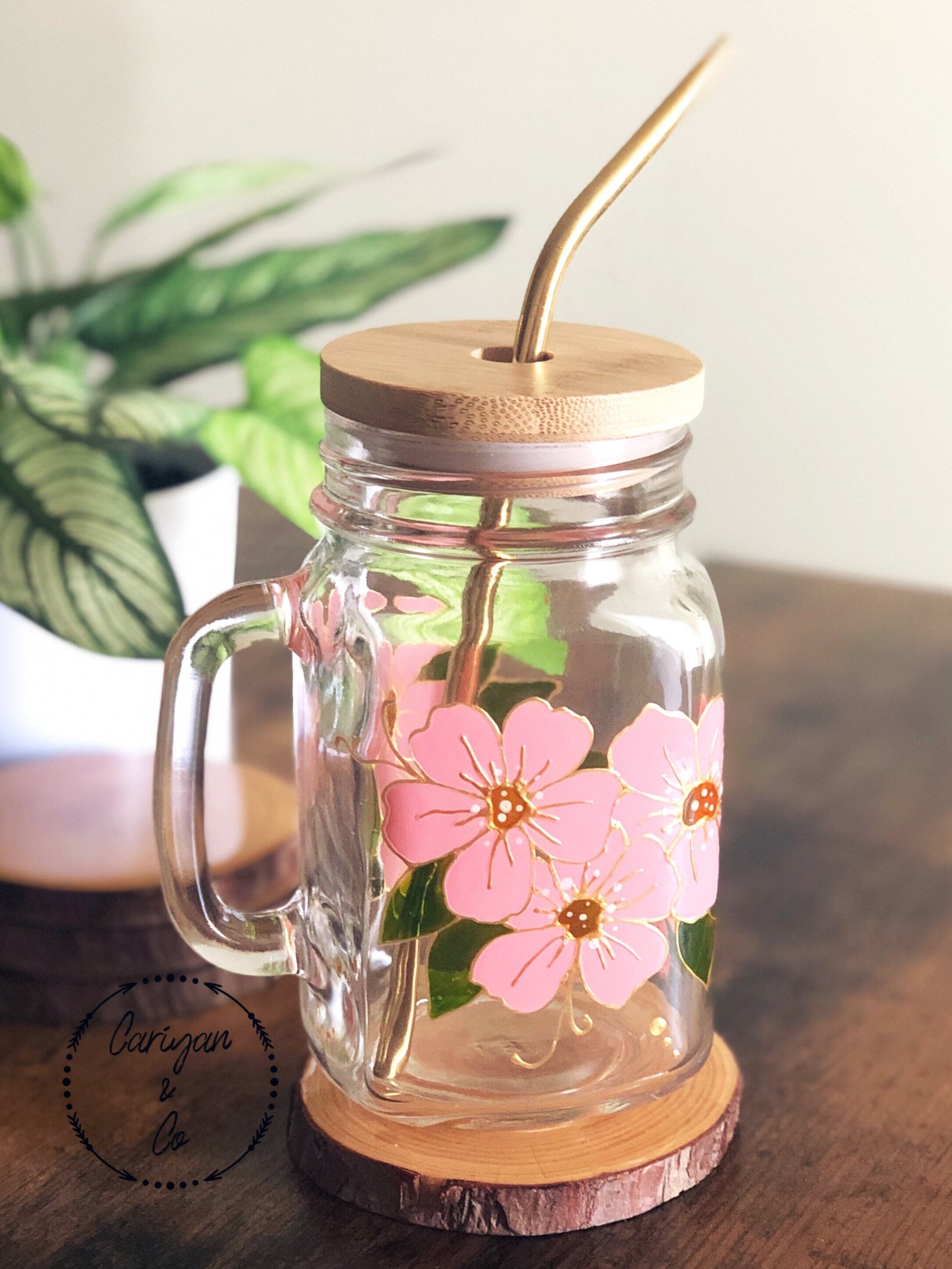 Floral Mason Jars With Lid and Straw, Floral Glass Cup With Handle, Glass  With Handle and Lid, Mason Jars With Lid, Iced Coffee Glass 