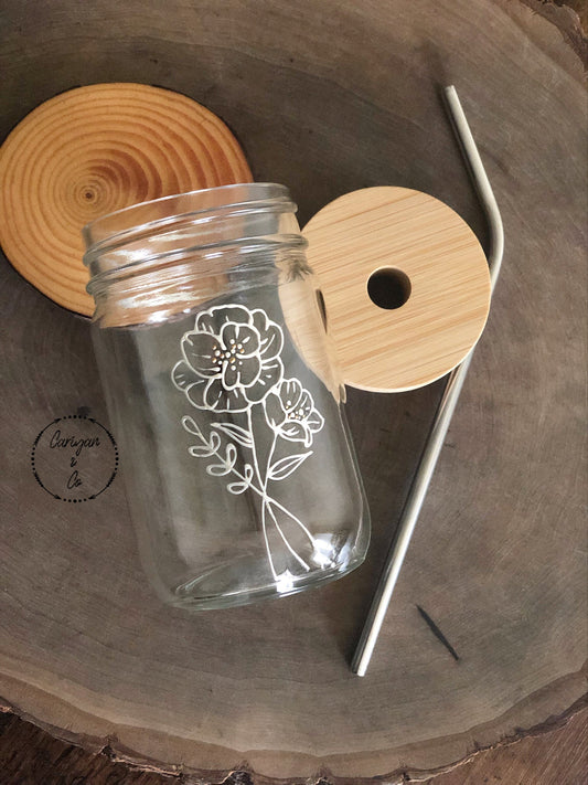 Glass Cup Tumbler, Simplistic Glass Cup, Travel Cup, Floral Glass Cup