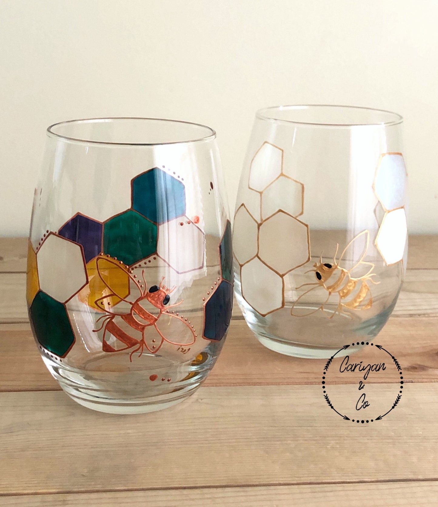 Beekeeper Honeycomb Stemless Wine Glasses, Honeycomb Wine Glass, Hand Painted Wine Glass