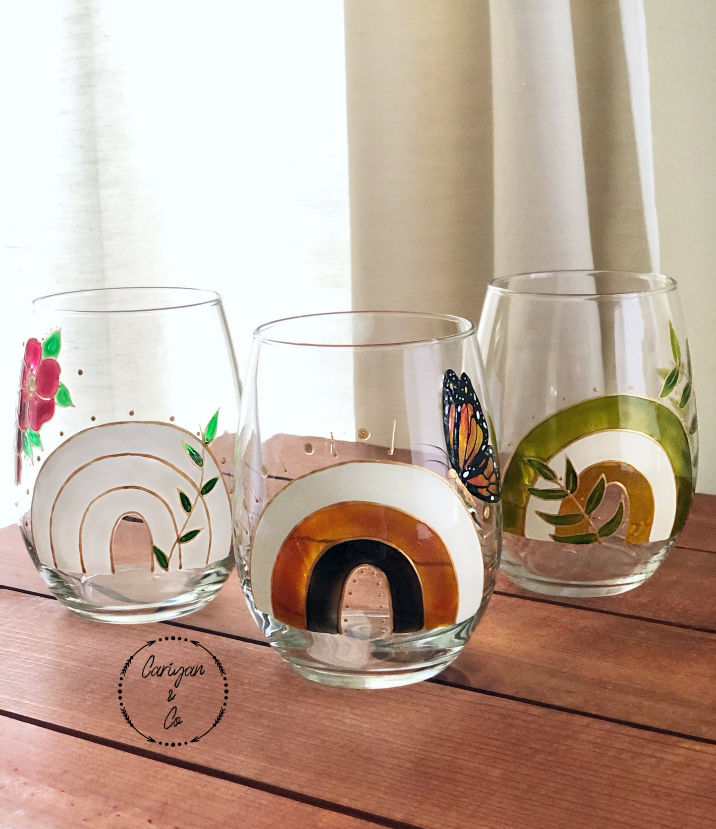 Stemless Wine Glass, Boho Rainbow Stemless Wine Glasses, Housewarming Gift, Summer Spring Wine Glasses, Hand Painted Glasses