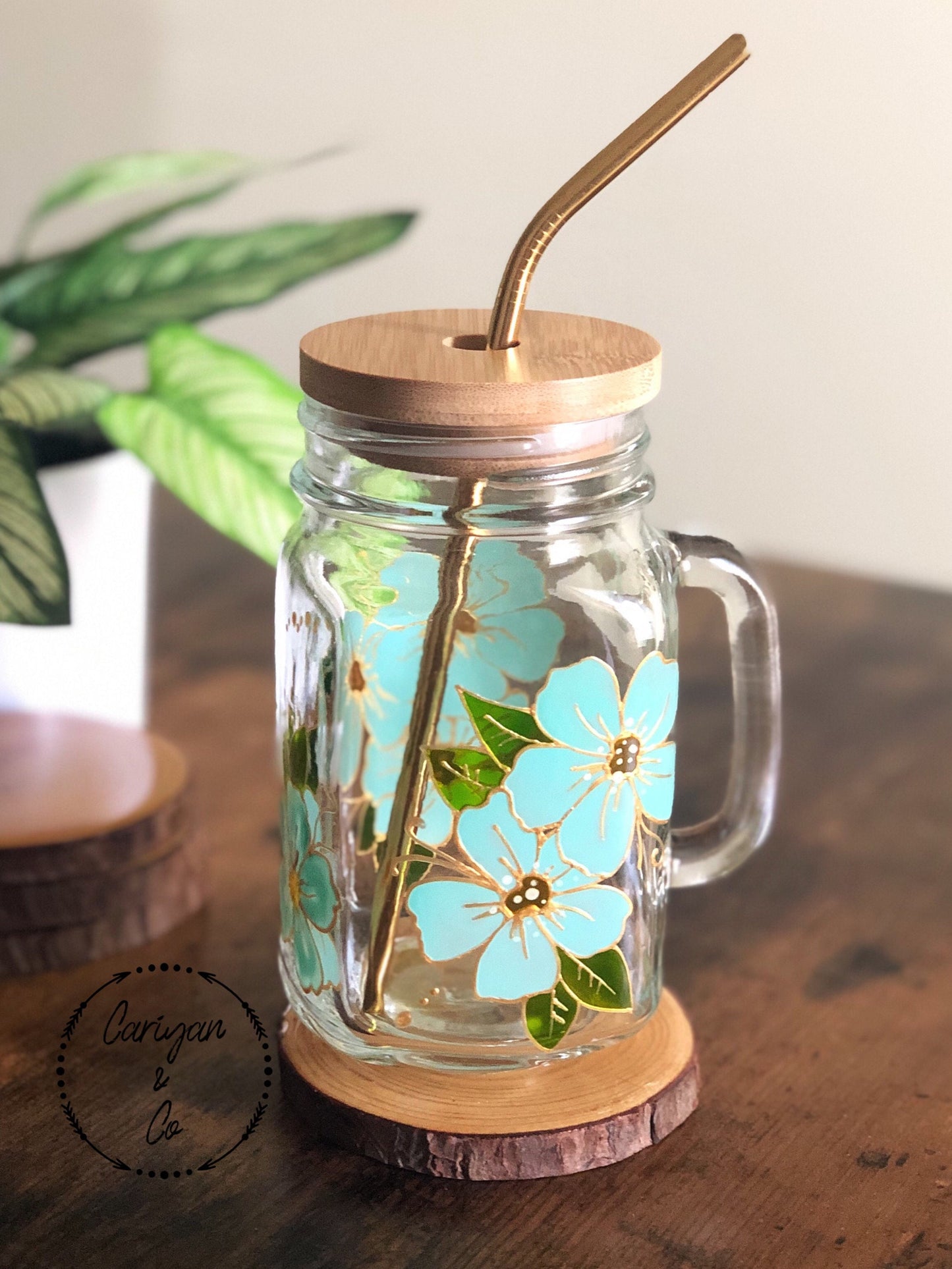 Iced Coffee Glass Mug, Floral Coffee Mug, Turquoise Coffee Cup