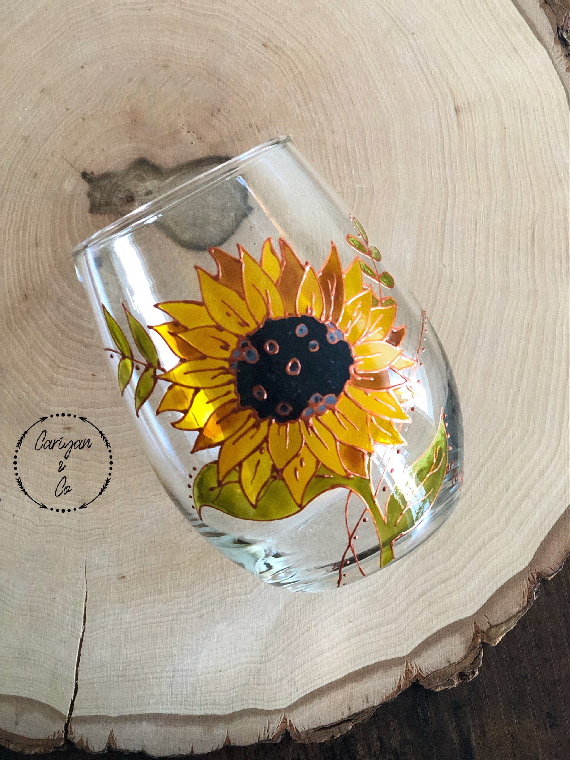 Sunflower Wreath Stemless Wine Glass Set