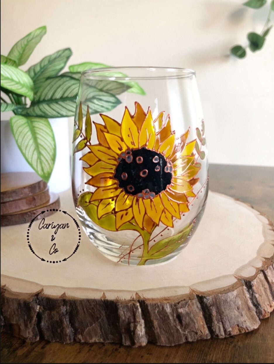 Sunflower Stemless Wine Glass, Flower Wine Glasses