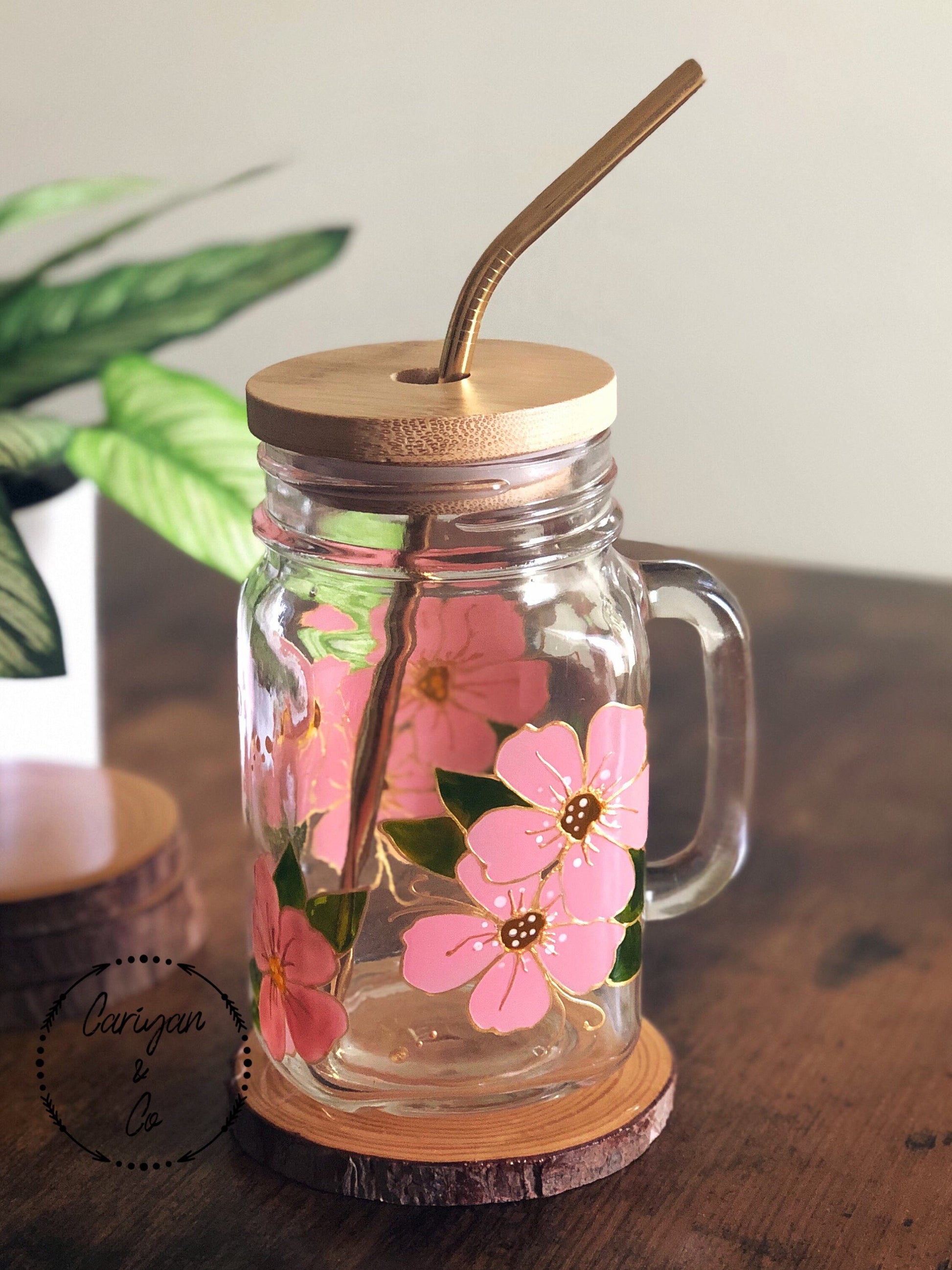 Iced Coffee Glass Mug, Floral Coffee Mug, Pink Coffee Cup