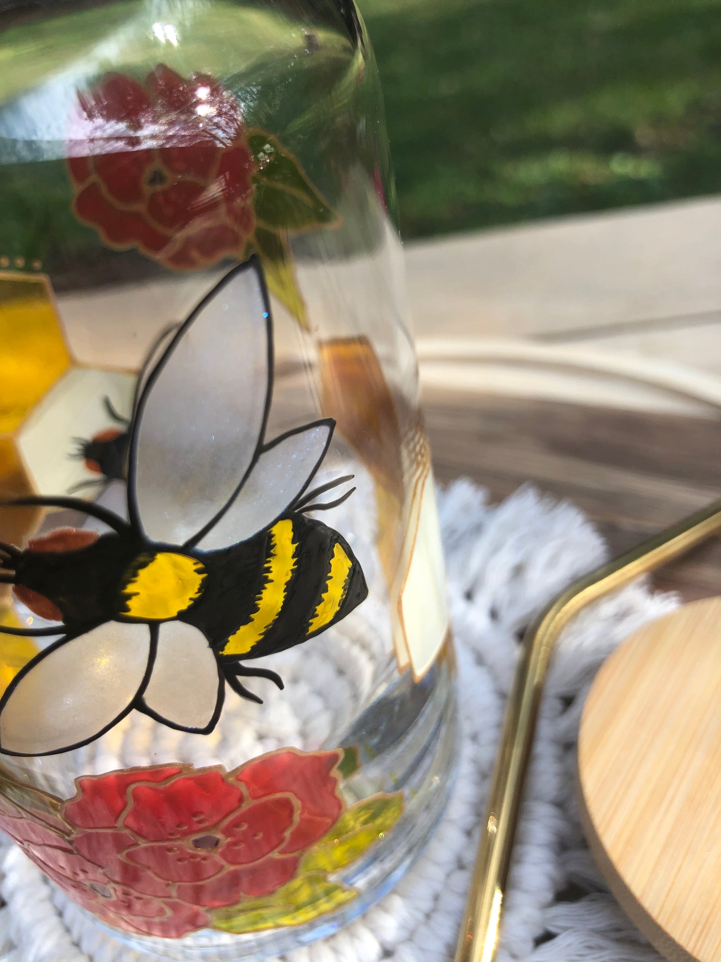 Honeycomb Iced Coffee Glass Cup, Bumble Bee Glass Cup