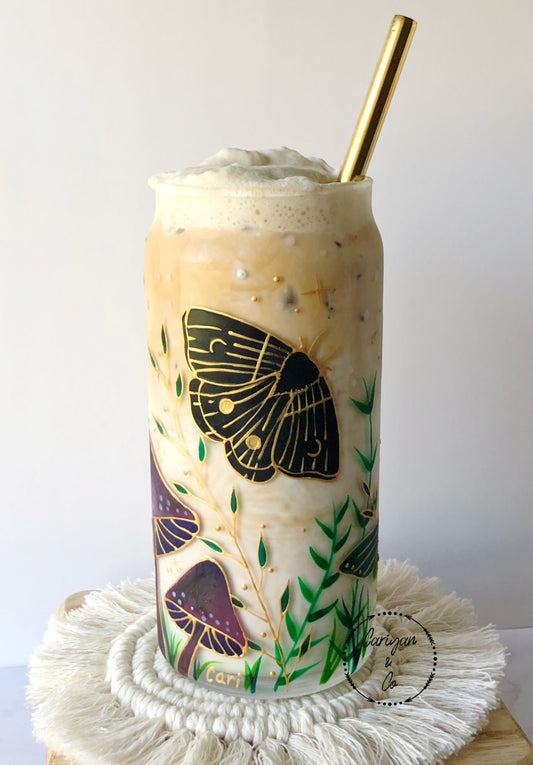 Iced Coffee Cup, Moth Mushroom Glass Coffee Cup
