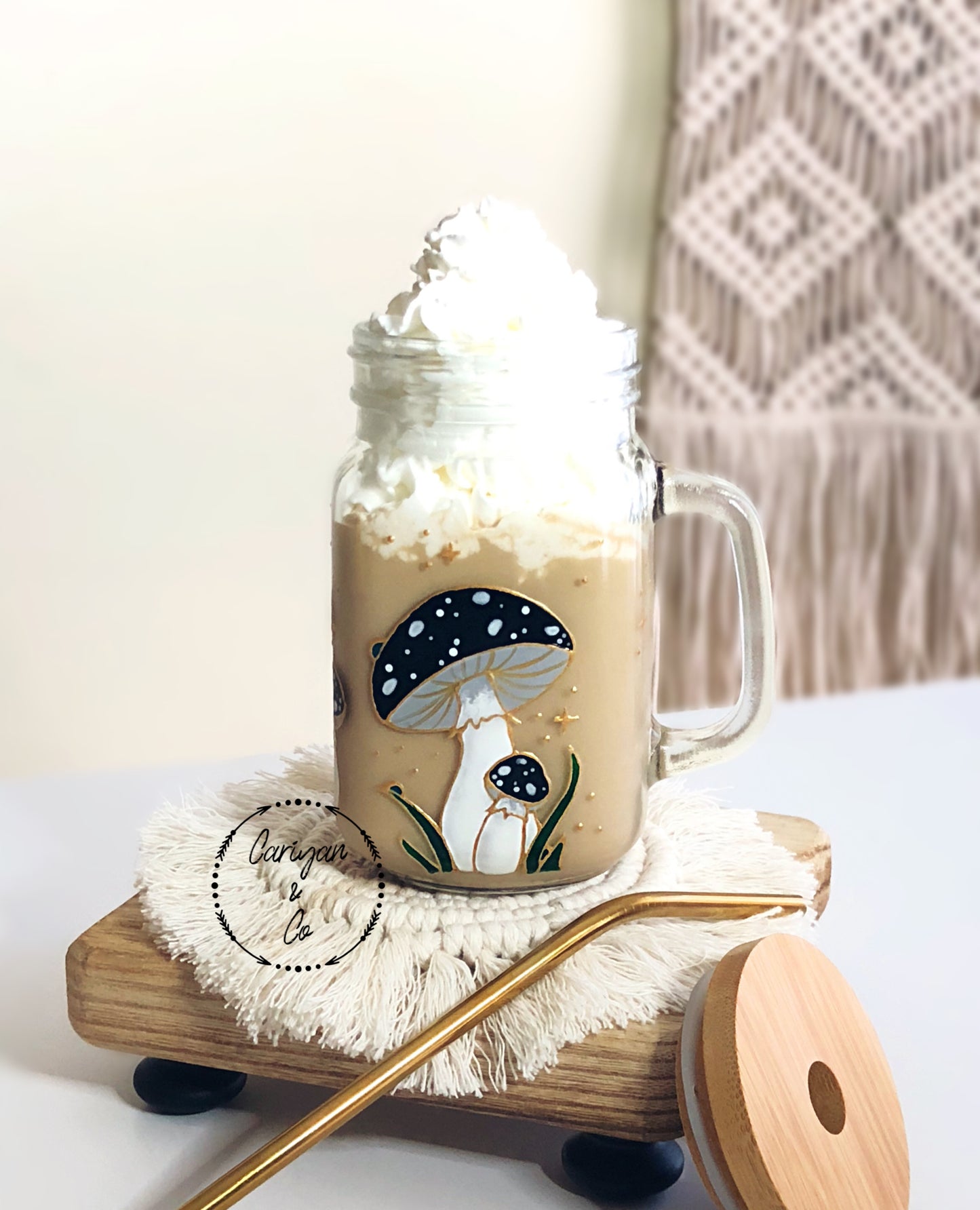 Iced Coffee Glass Mug, Black Mushroom Coffee Cup