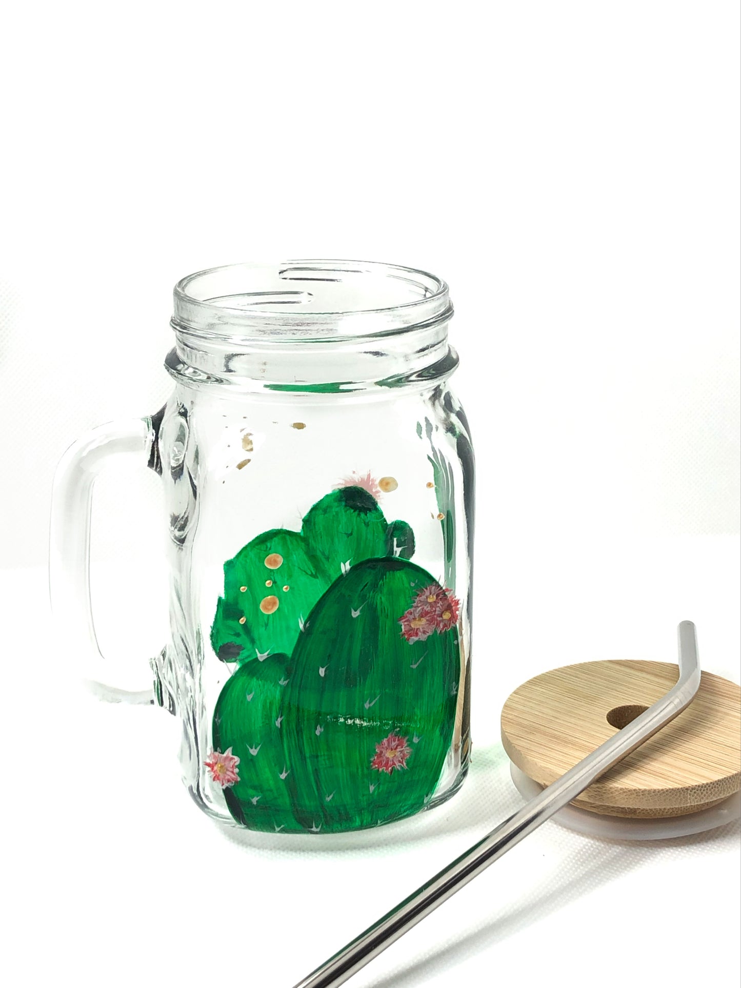 Cactus Glass Coffee Mug, Iced Coffee Cup, Glass Cup, Hand Painted Glasses