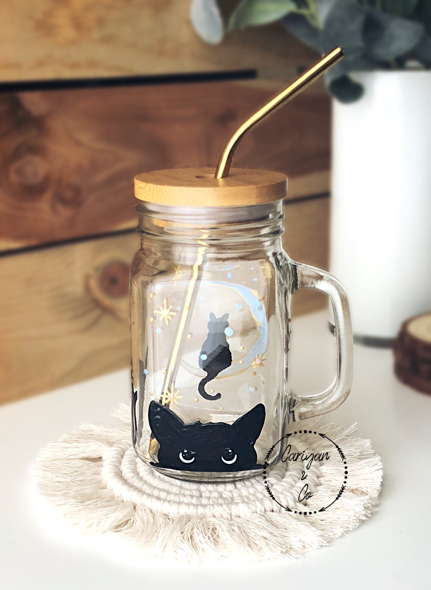 Iced Coffee Glass Mug, Black Cat Glass Tumbler