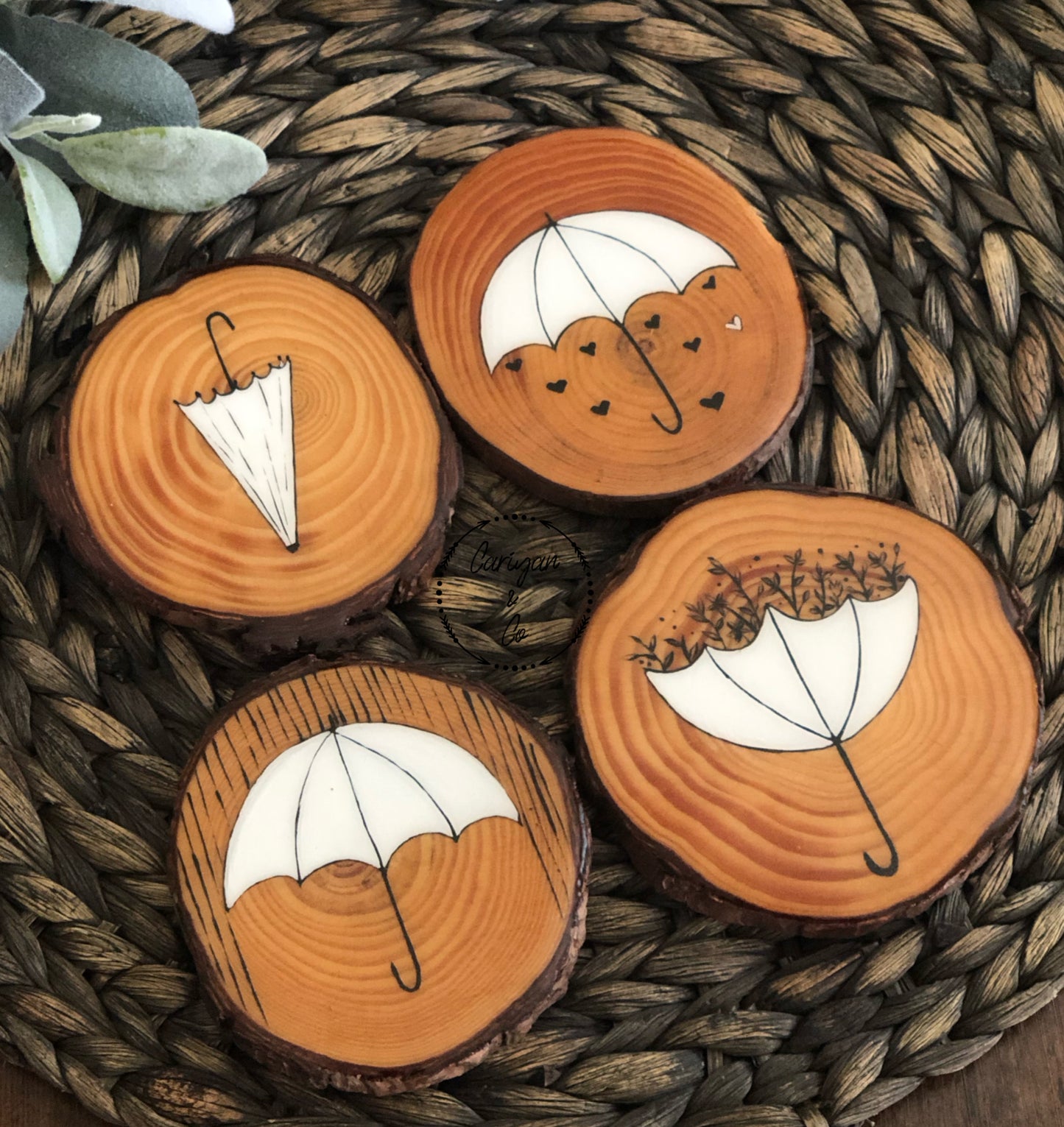 Ivory Umbrella Coasters, Natural Wood Coasters, Hand Painted Coasters, Set of 4 Coasters