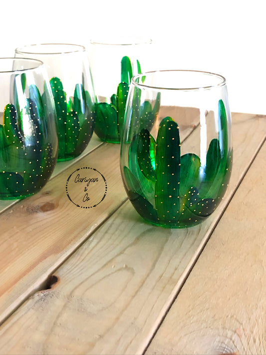 Cactus Stemless Wine Glasses | Hand Painted Wine Glasses